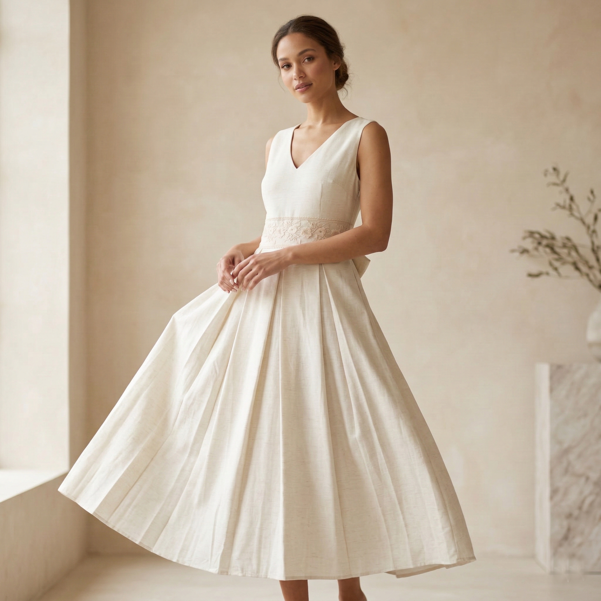 Classic V-neck linen midi dress with a delicate lace waistband