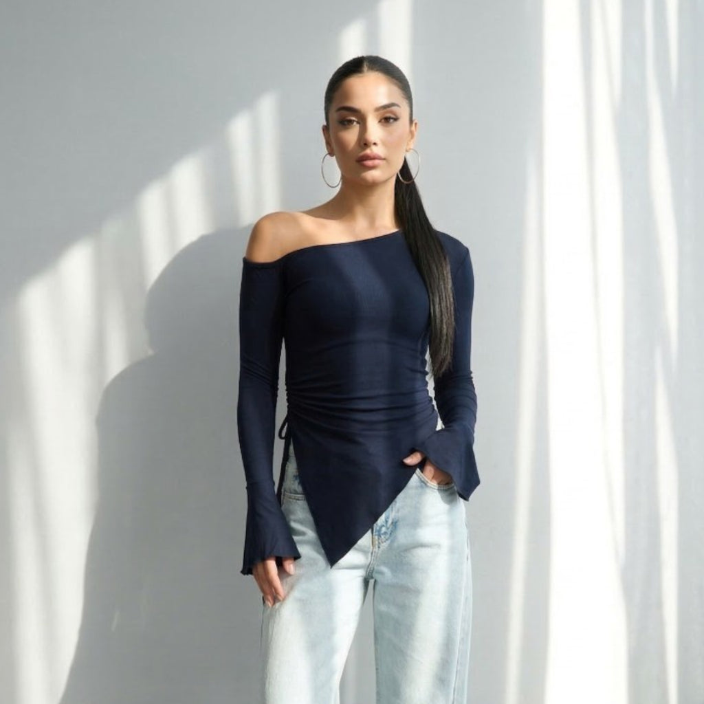 Long-sleeve off-shoulder top with flared sleeves