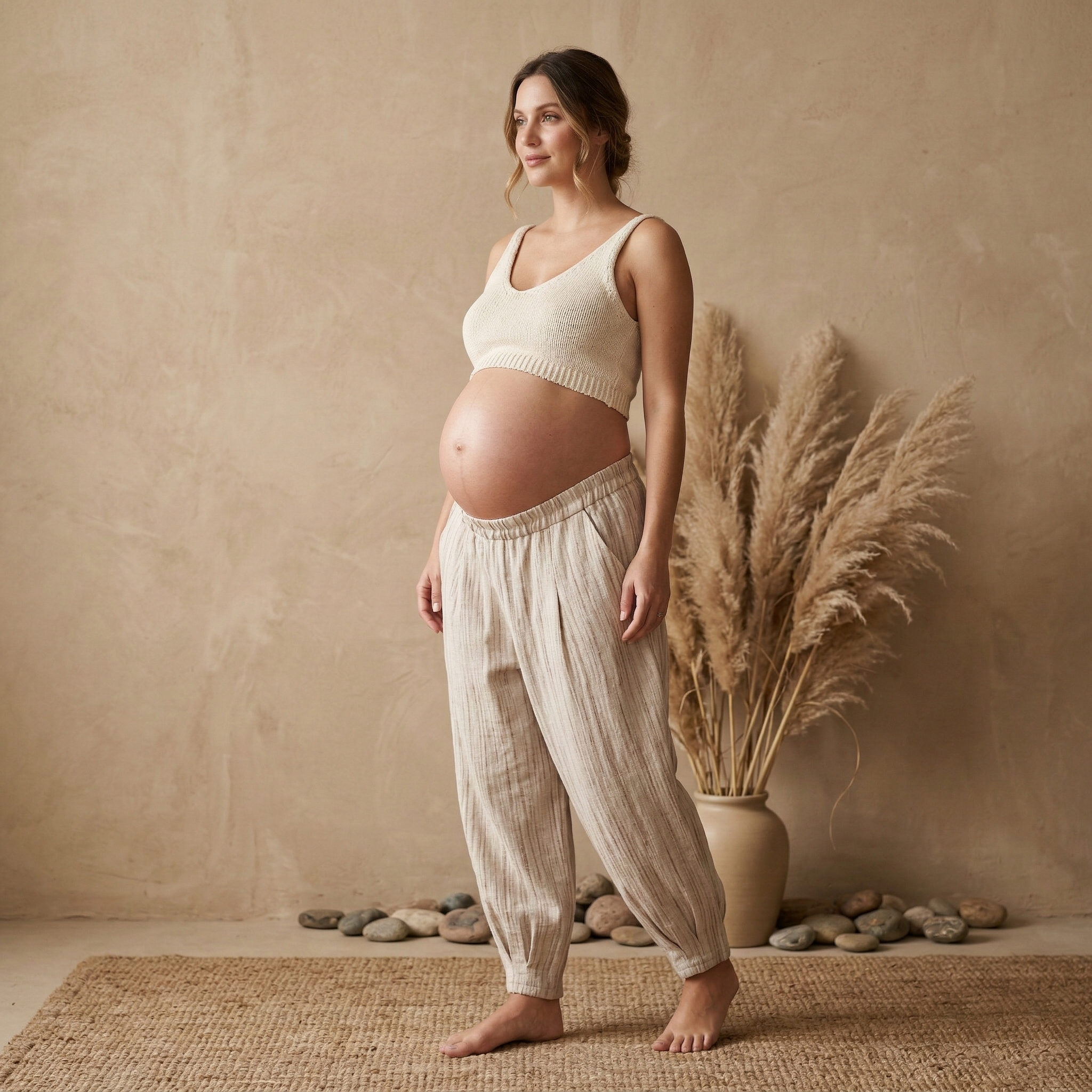 Casual beige high-waisted linen-style trousers with an elastic waist