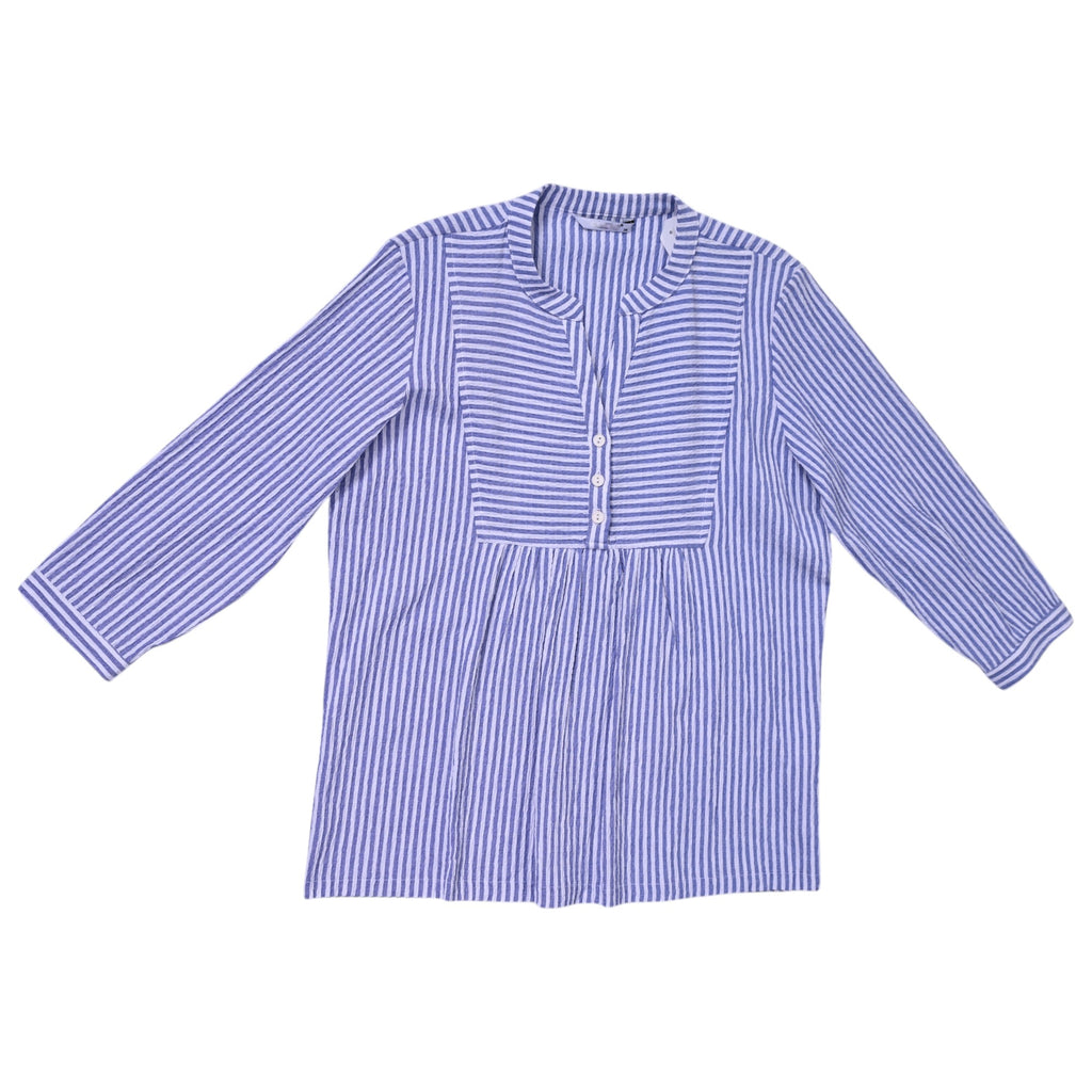 Elegant blue striped button-up tunic with a pleated bodice