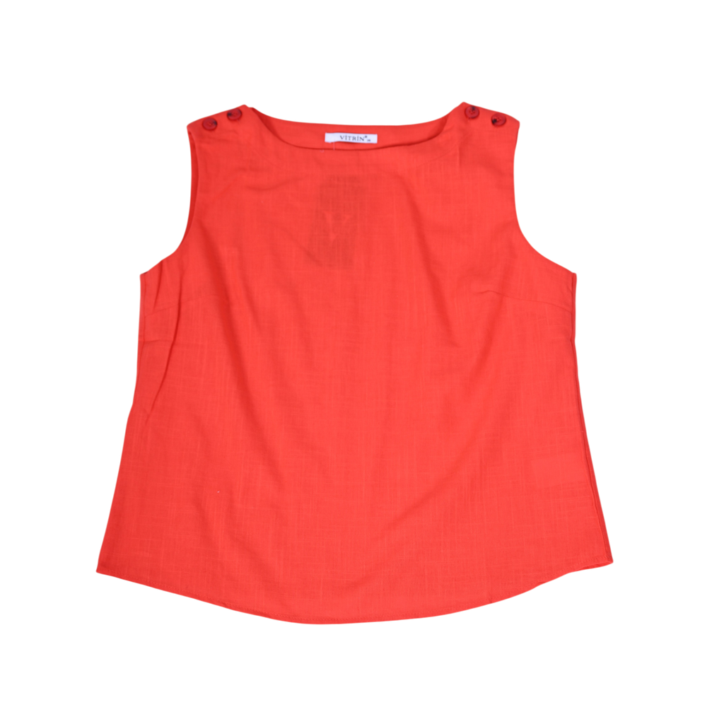 Chic sleeveless burnt orange linen top with buttoned shoulder