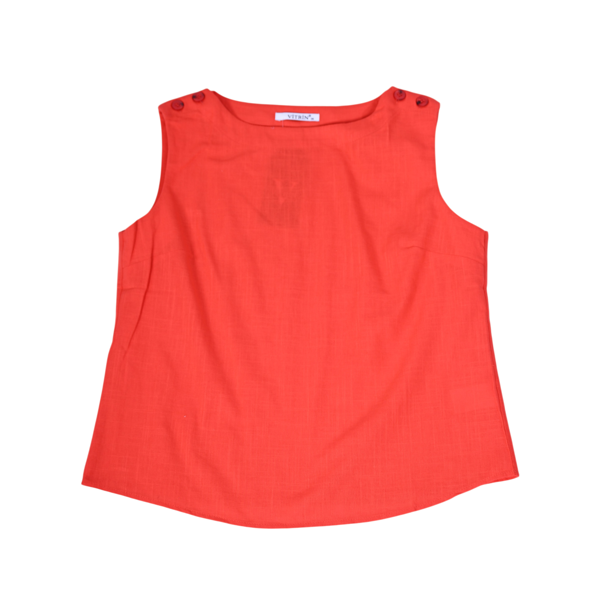 Chic sleeveless burnt orange linen top with buttoned shoulder