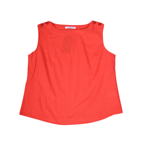 Chic sleeveless burnt orange linen top with buttoned shoulder