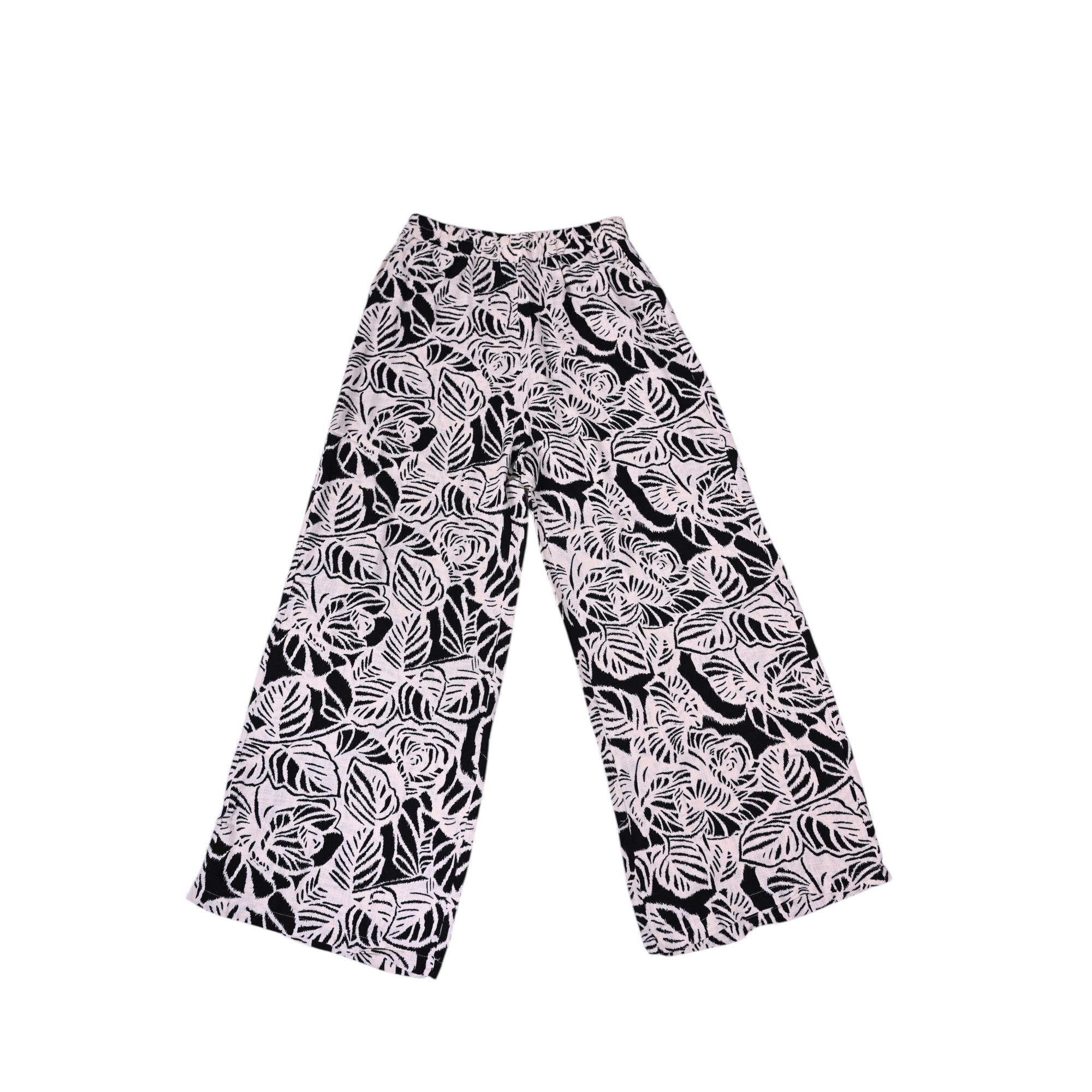 Elegant beige and black leaf-print co-ord set with wide-leg trousers