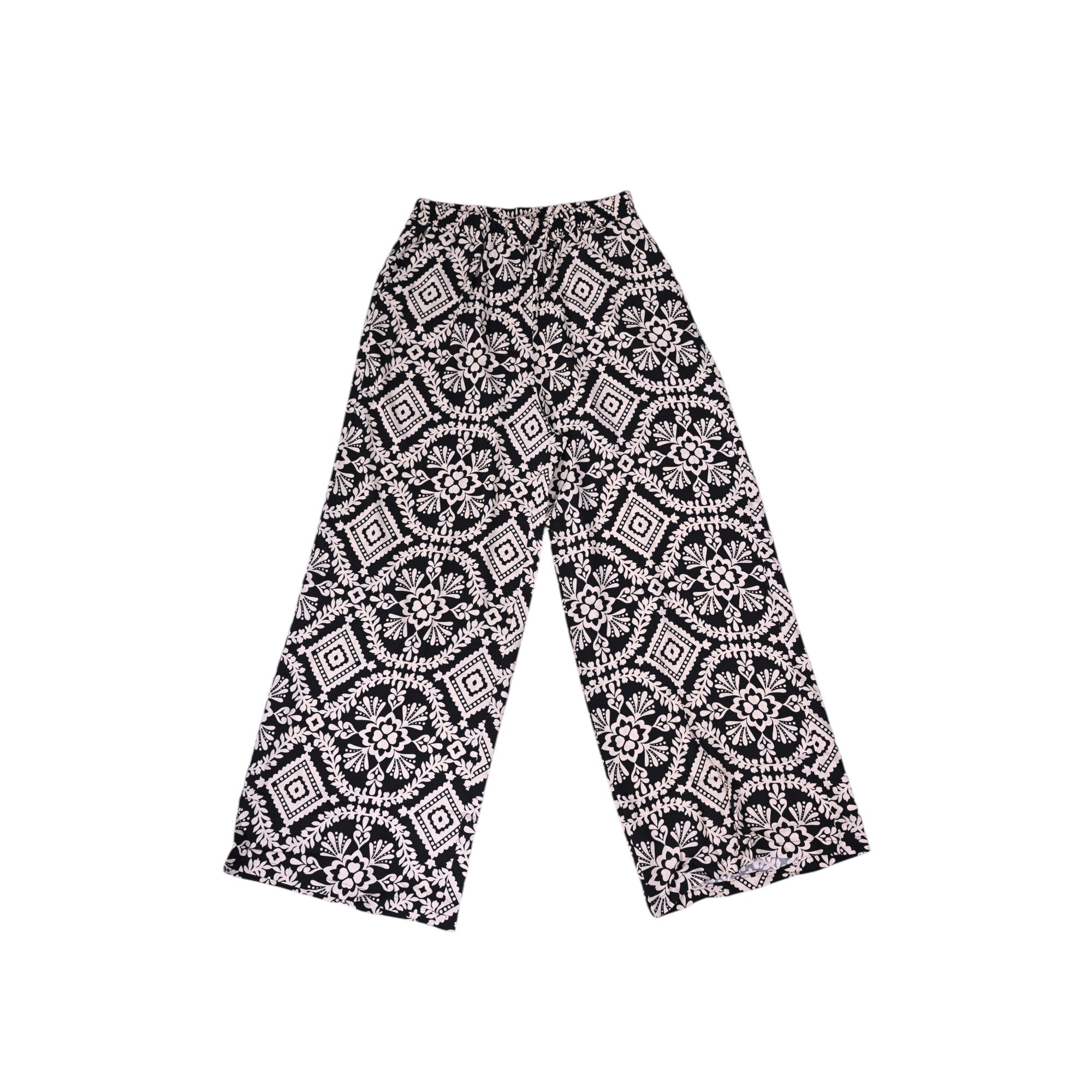 Elegant dark high-waisted wide-leg trousers with an intricate geometric and floral embroidery pattern