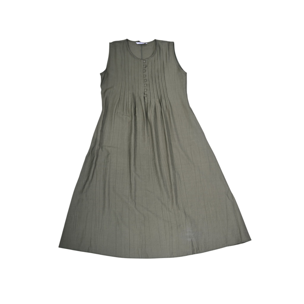 Chic olive green sleeveless pleated midi dress