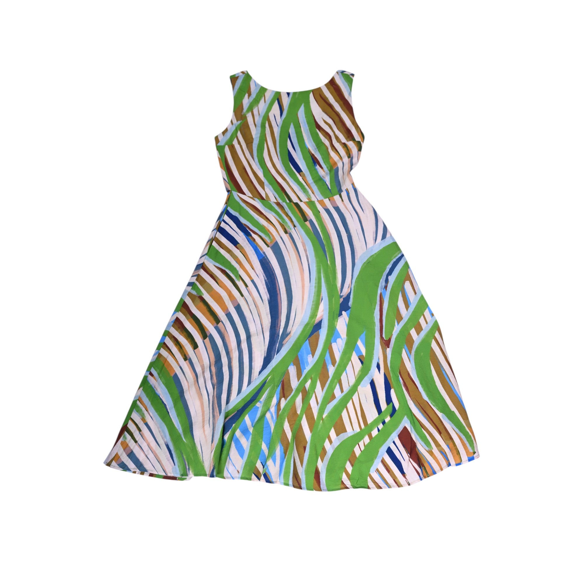 Vibrant abstract print sleeveless midi dress with a belted waist