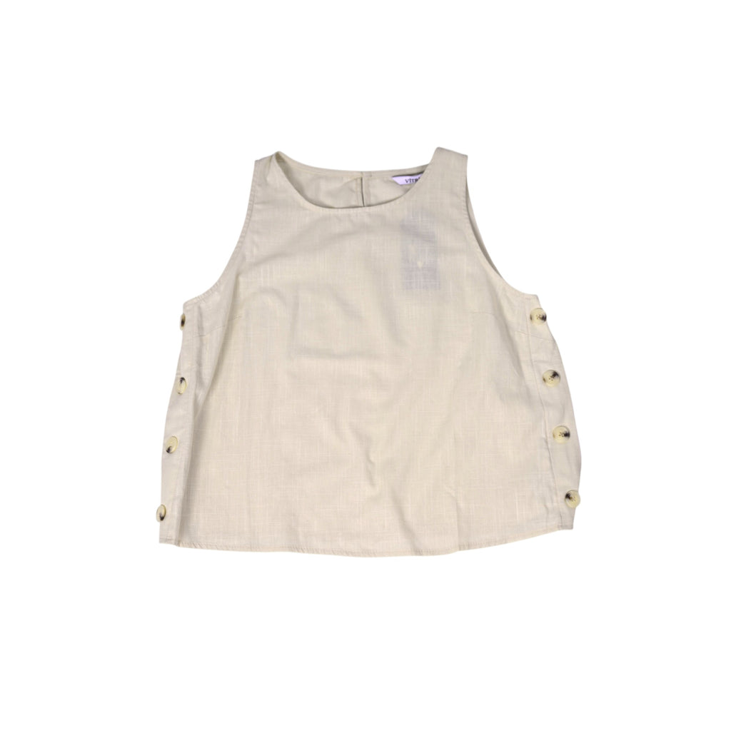 Elegant beige sleeveless linen-blend blouse with decorative side buttons