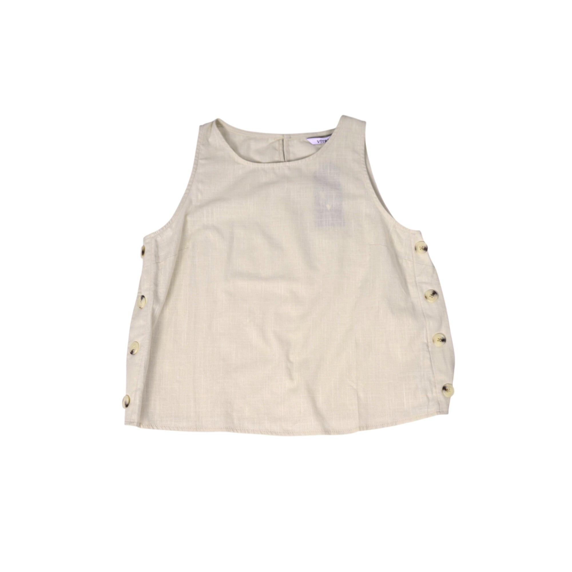 Elegant beige sleeveless linen-blend blouse with decorative side buttons