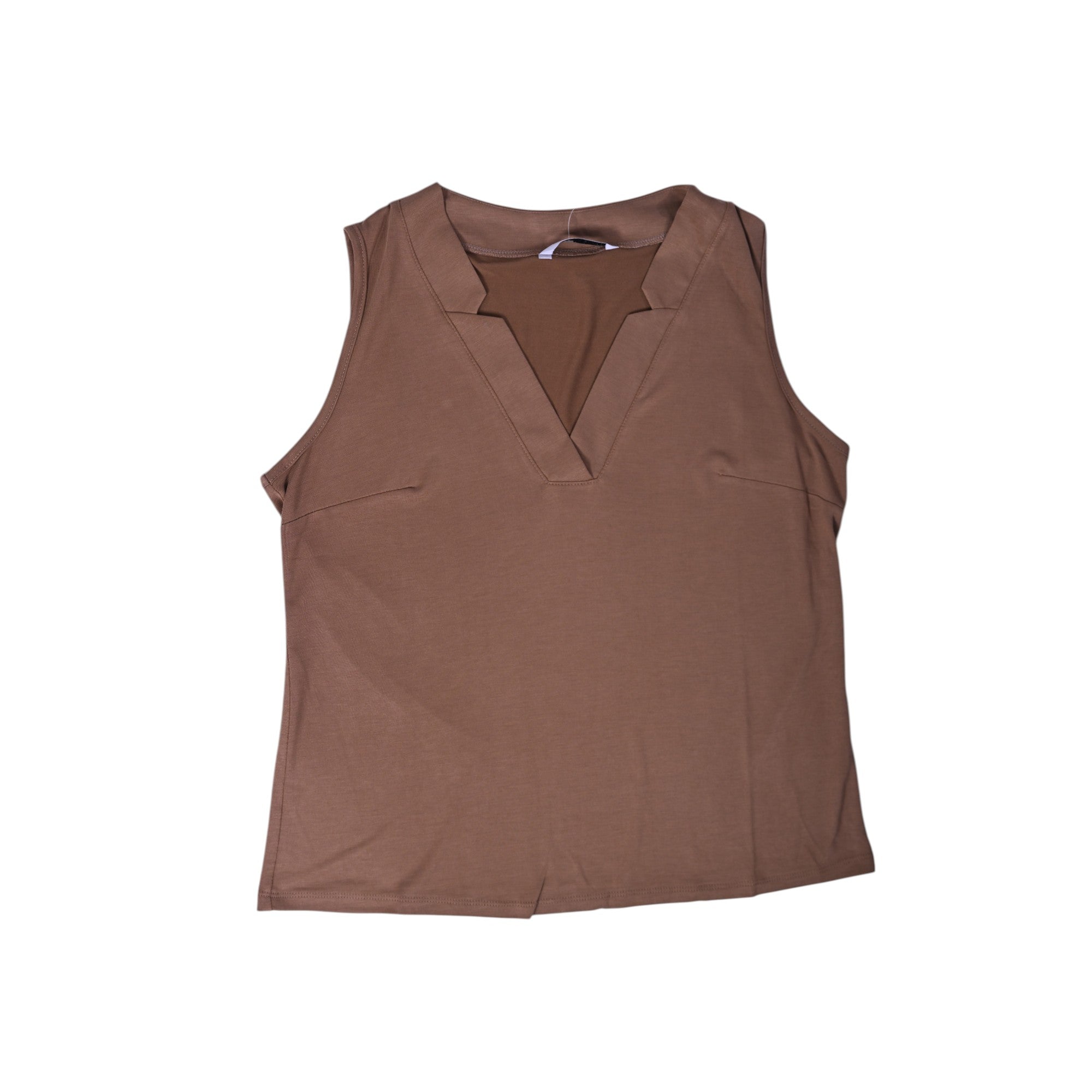 Chic taupe sleeveless top with a notched V-neckline