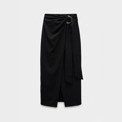Buckle Wrap Midi Skirt