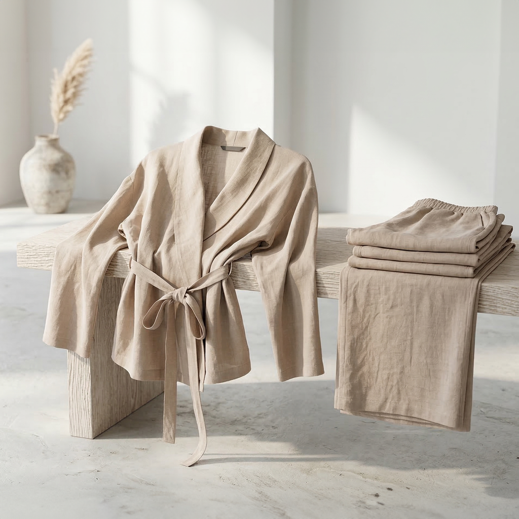 Beige two-piece set featuring a wrap jacket and wide-leg pants
