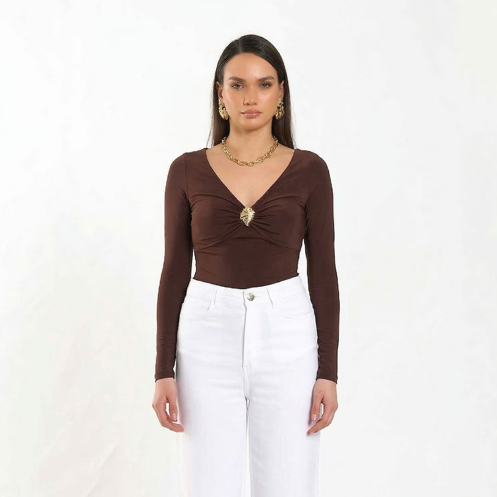 Gold-Accent V-Neck Bodysuit