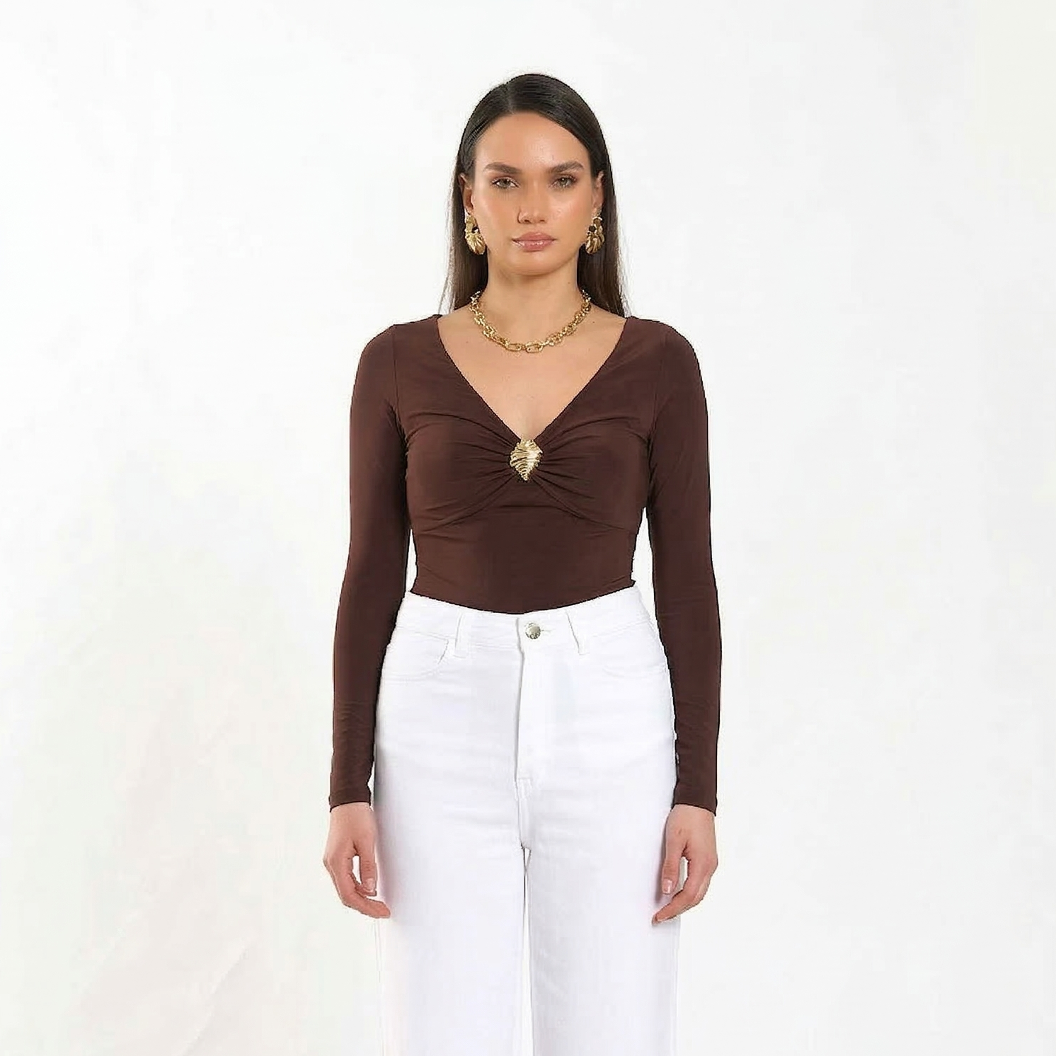 Gold-Accent V-Neck Bodysuit