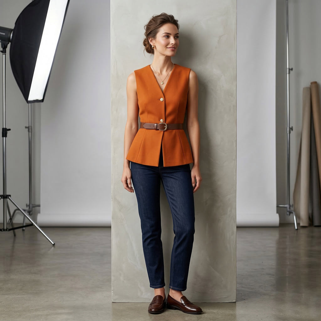 Sleeveless belted top with front buttons