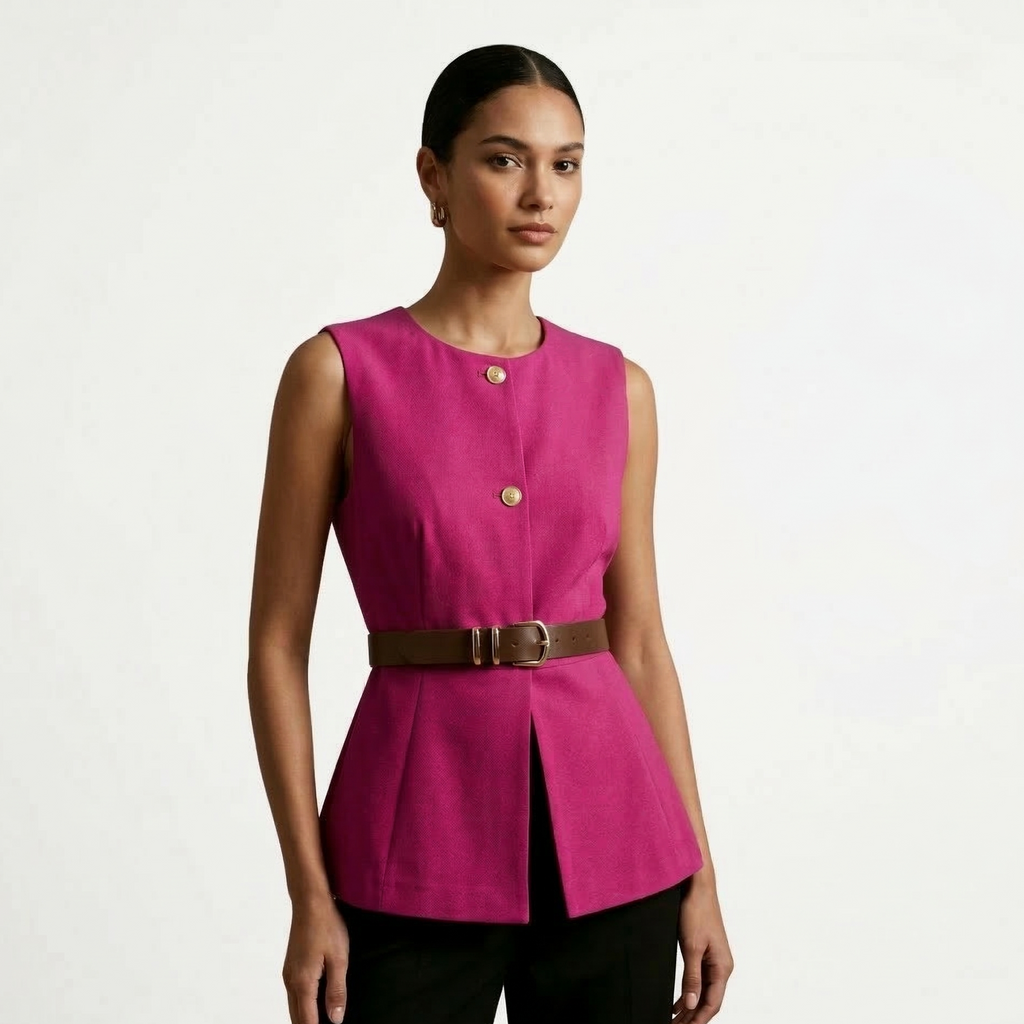 Sleeveless belted top with front buttons