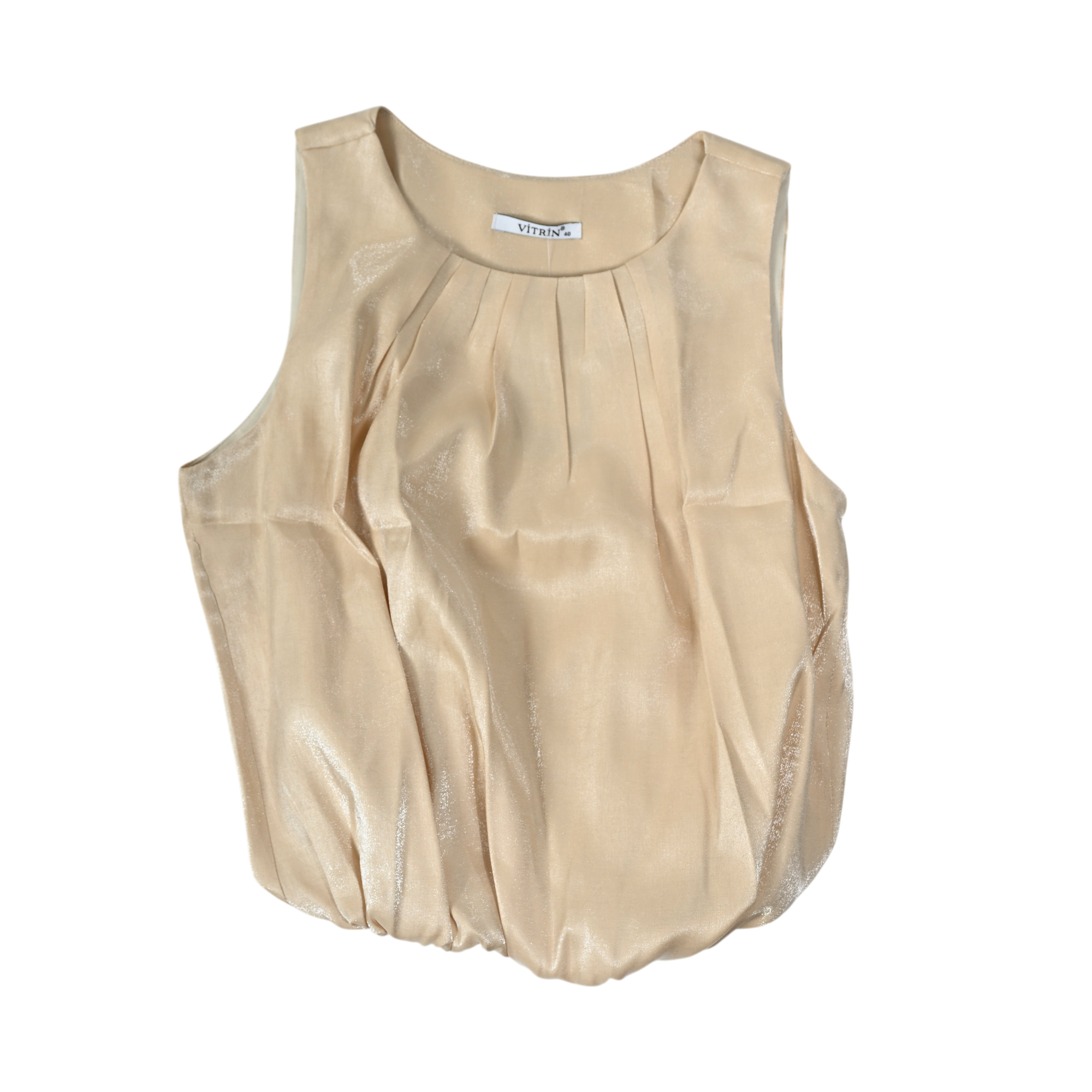Elegant champagne sleeveless blouse with a pleated neckline