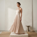 Elegant pleated satin halter-neck maxi dress