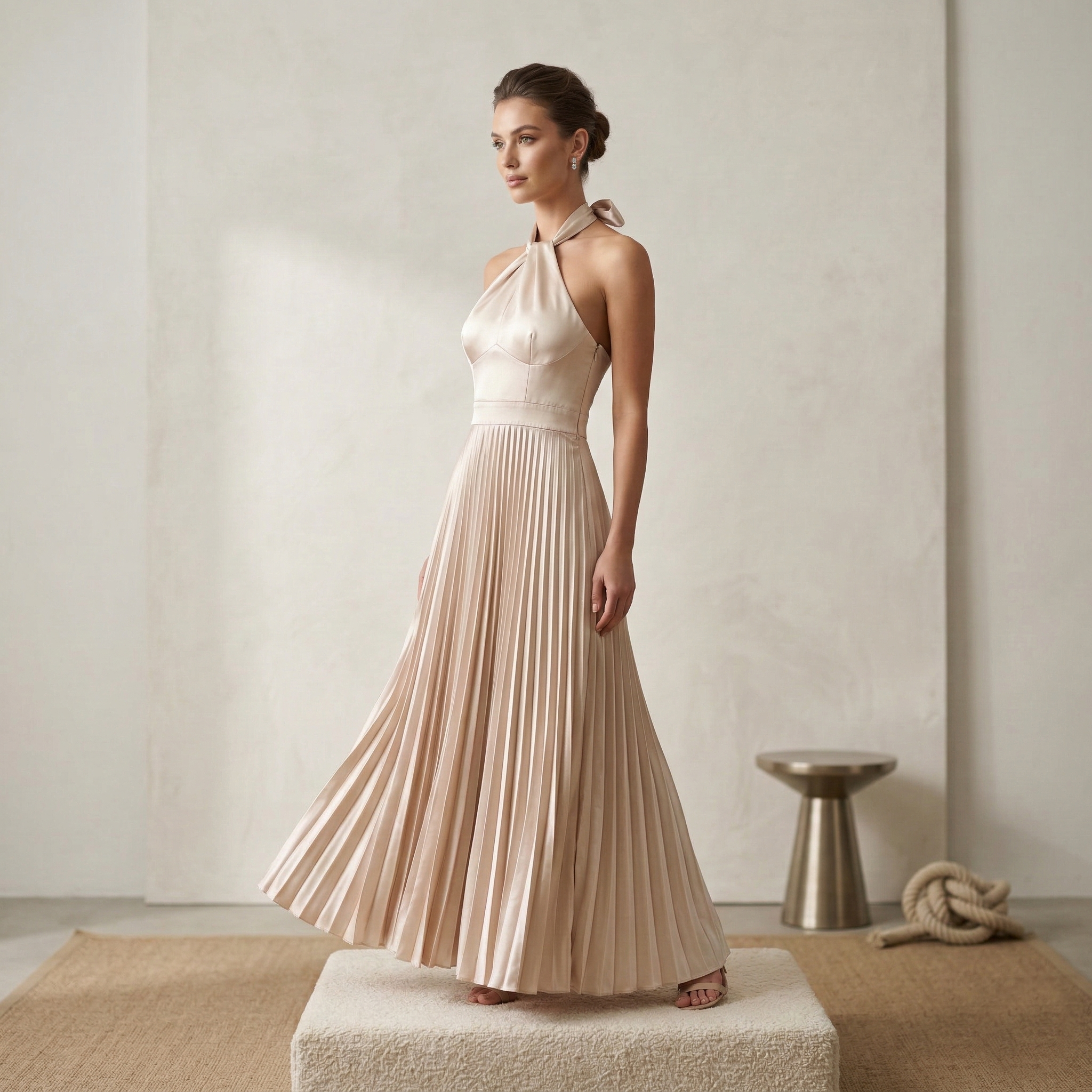 Elegant pleated satin halter-neck maxi dress
