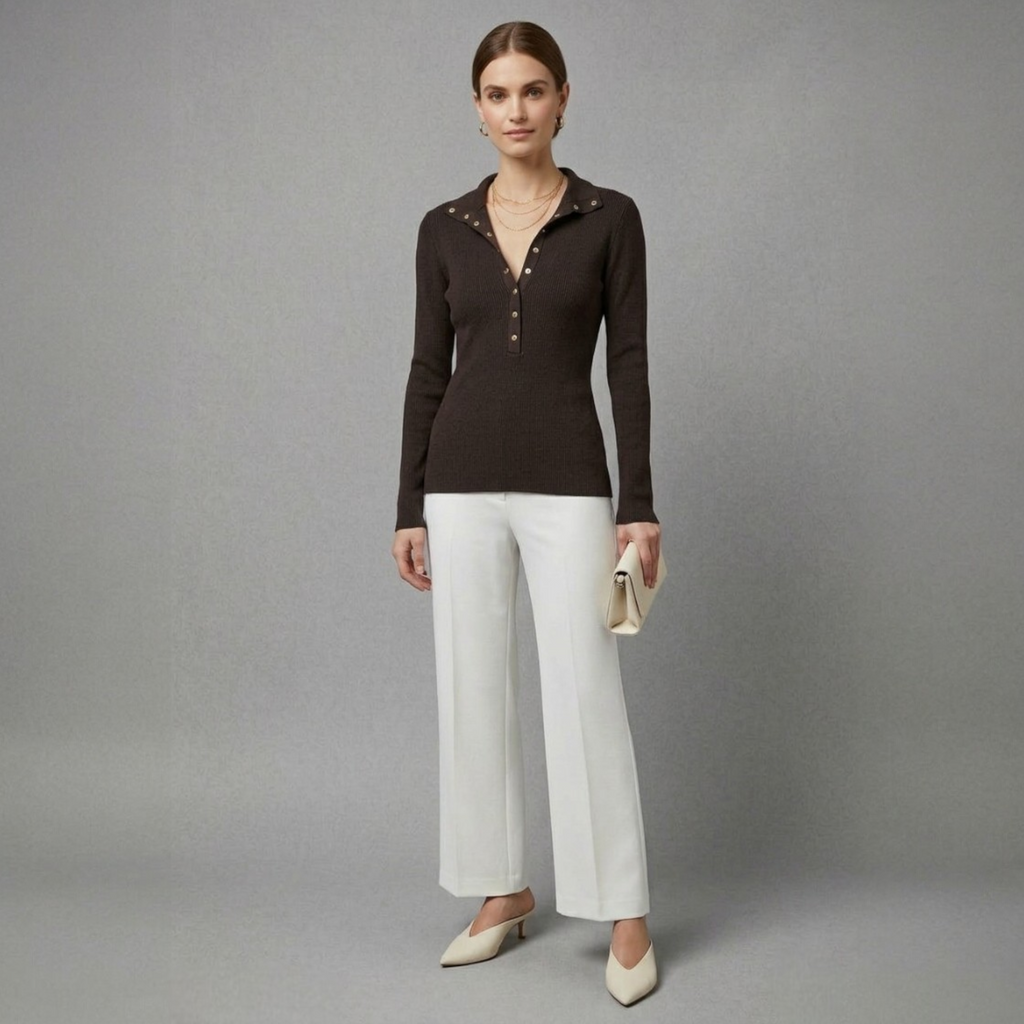 Long-sleeve ribbed top with button neckline.