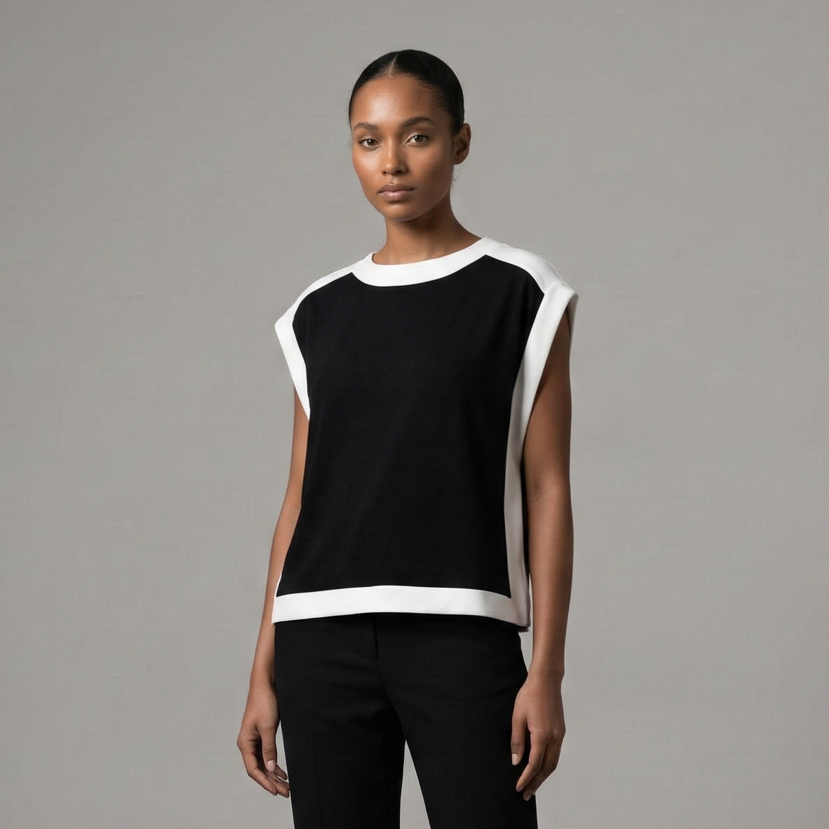 Chic sleeveless black top with contrasting white pane