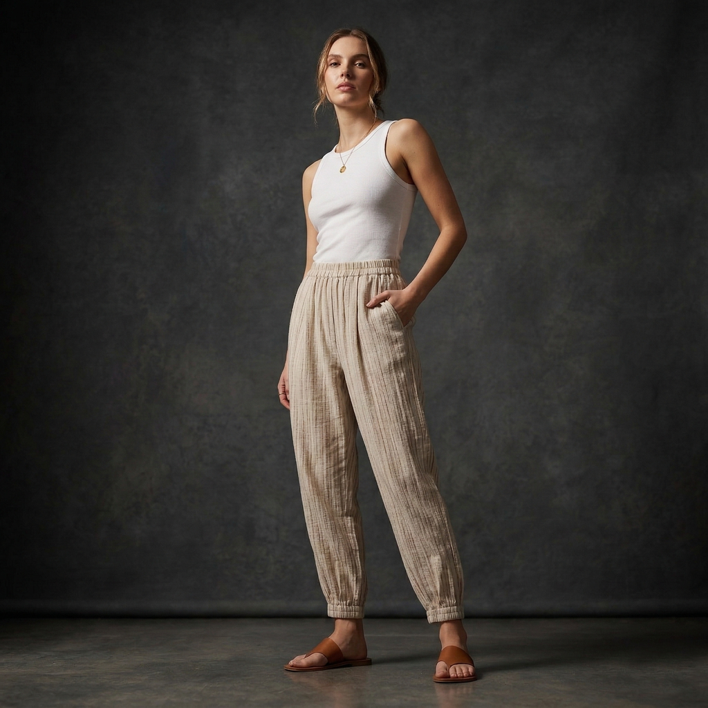 Casual beige high-waisted linen-style trousers with an elastic waist