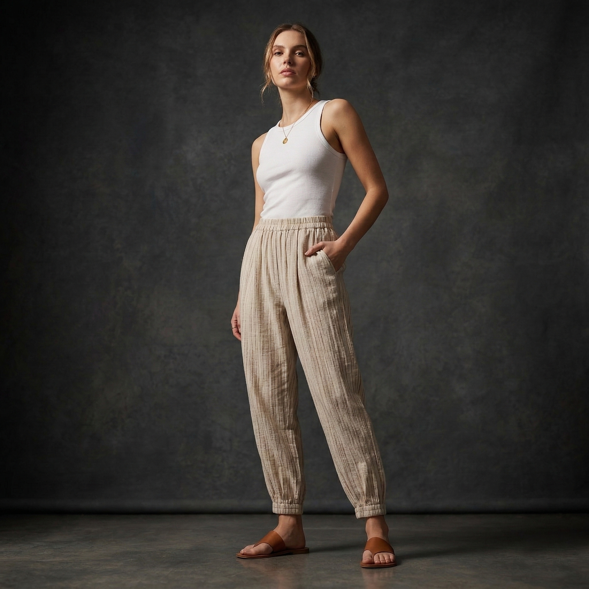 Casual beige high-waisted linen-style