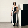 Elegant black and white color-block V-neck maxi dress