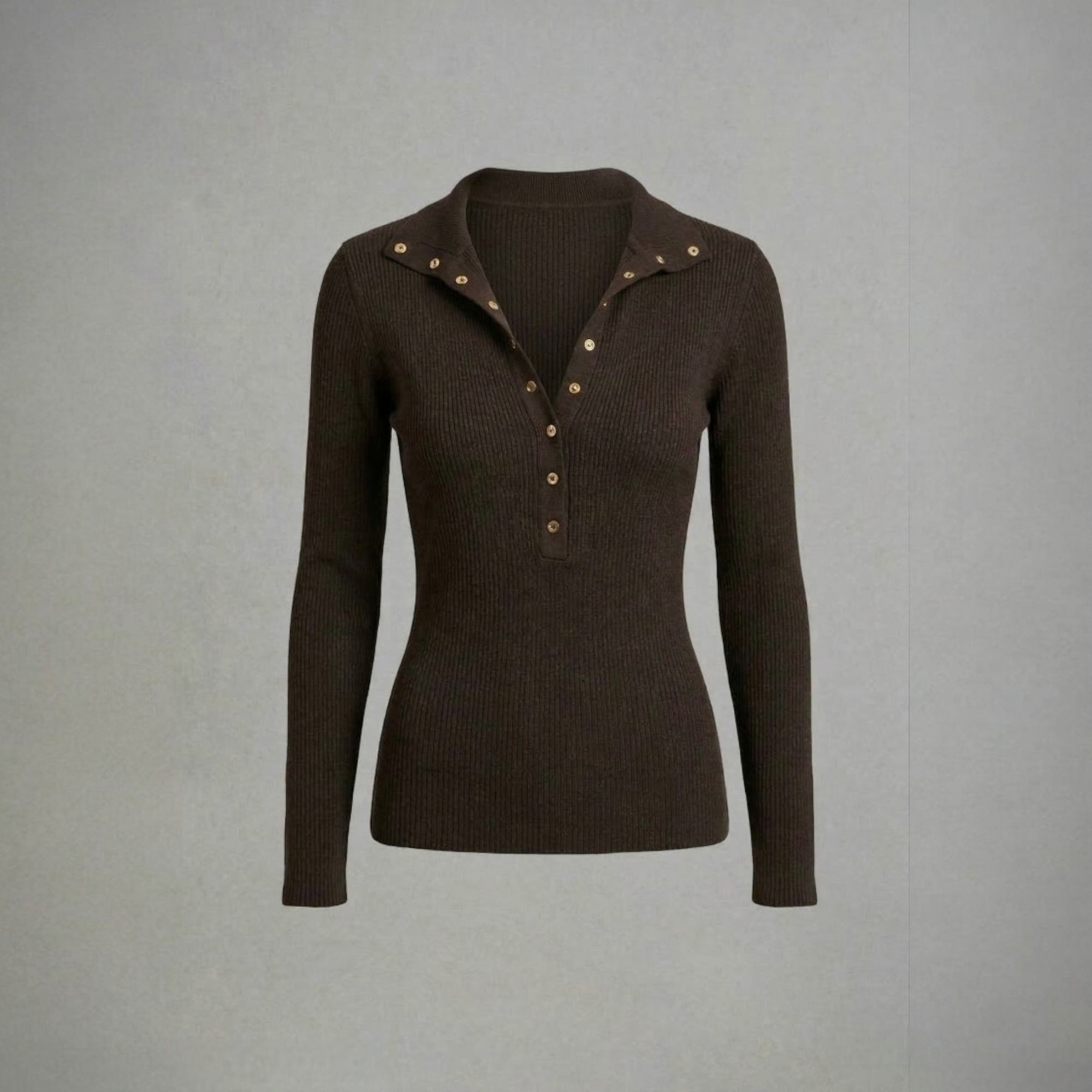 Long-sleeve ribbed top with button neckline.