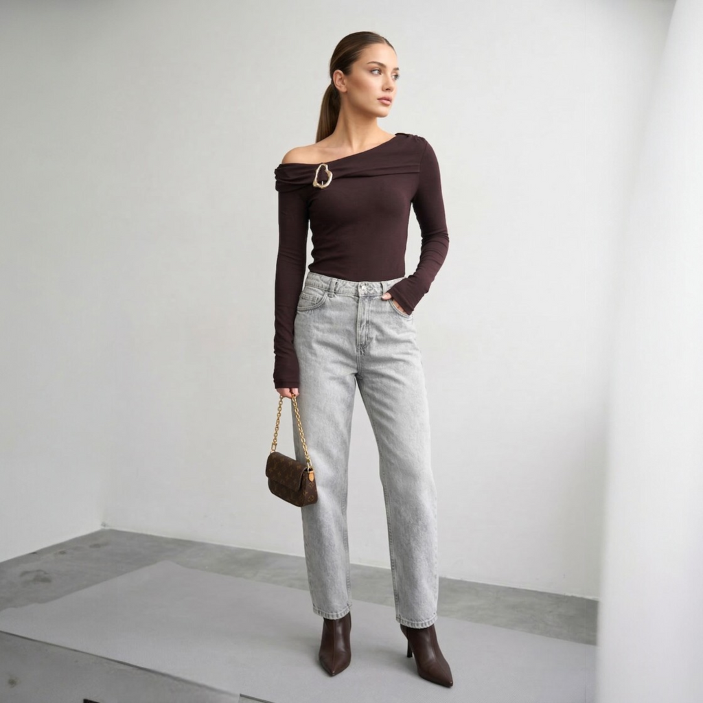 Off-shoulder long-sleeve top with buckle detail