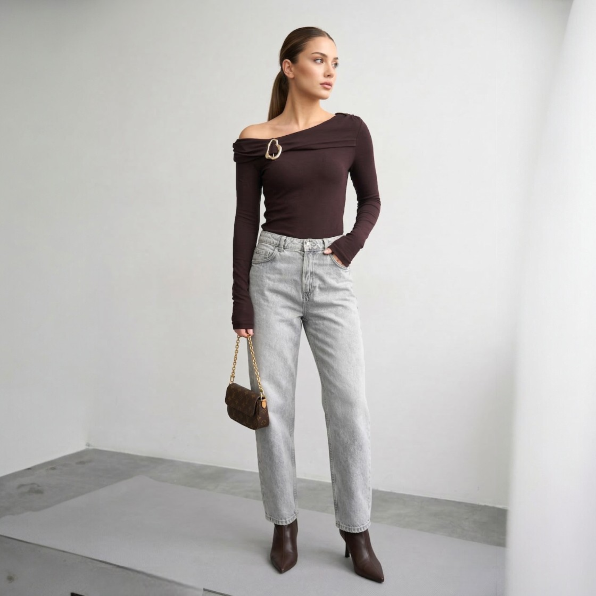 Off-shoulder long-sleeve top with buckle detail