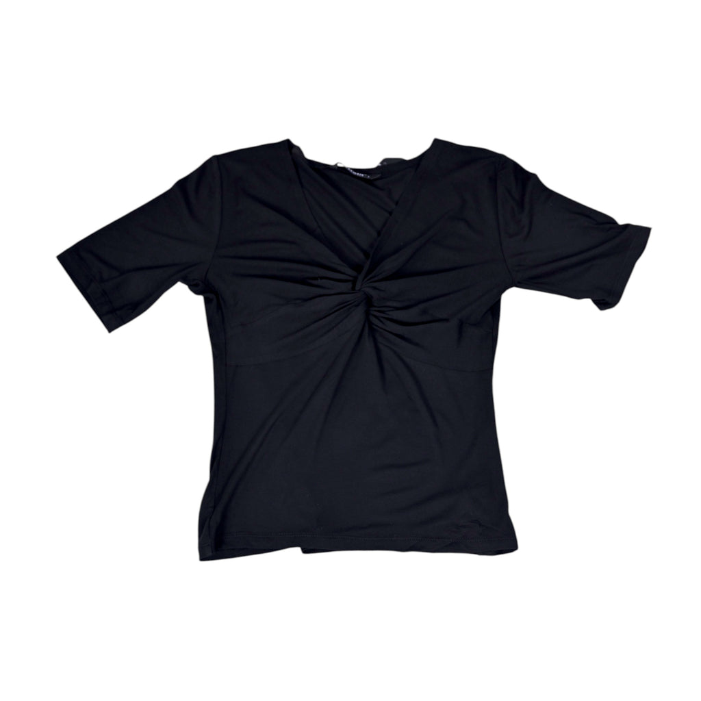 Elegant black V-neck top with a stylish front knot detail