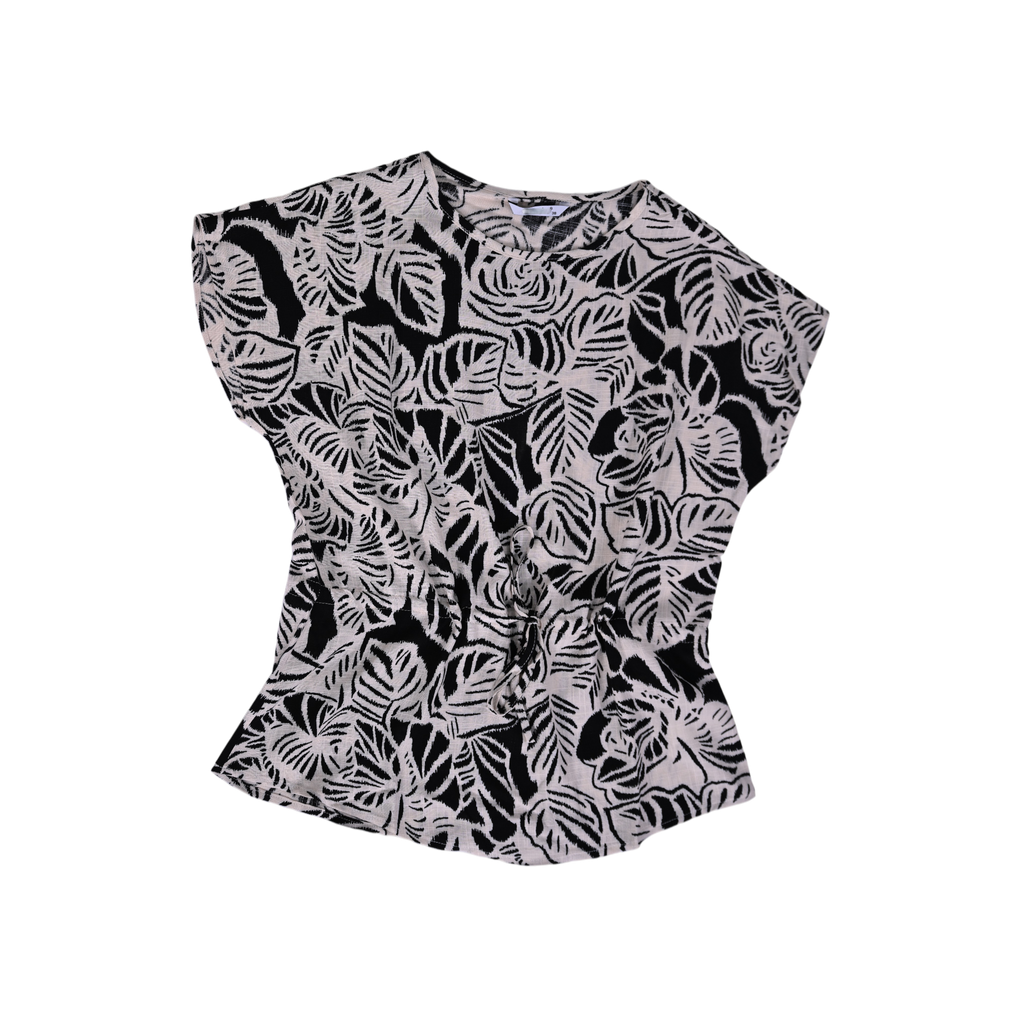 Elegant beige and black leaf-print co-ord set with wide-leg trousers