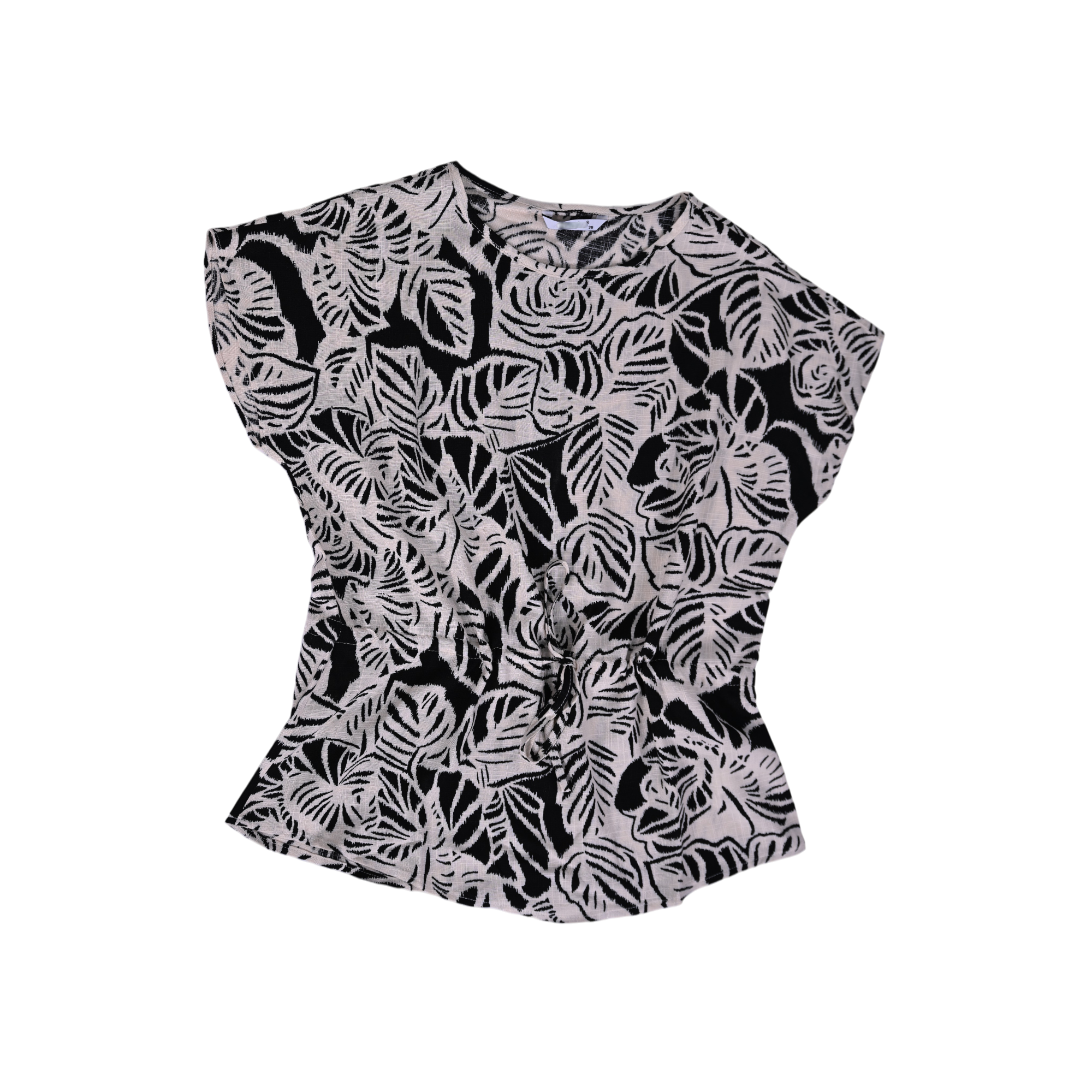 Elegant beige and black leaf-print co-ord set with wide-leg trousers