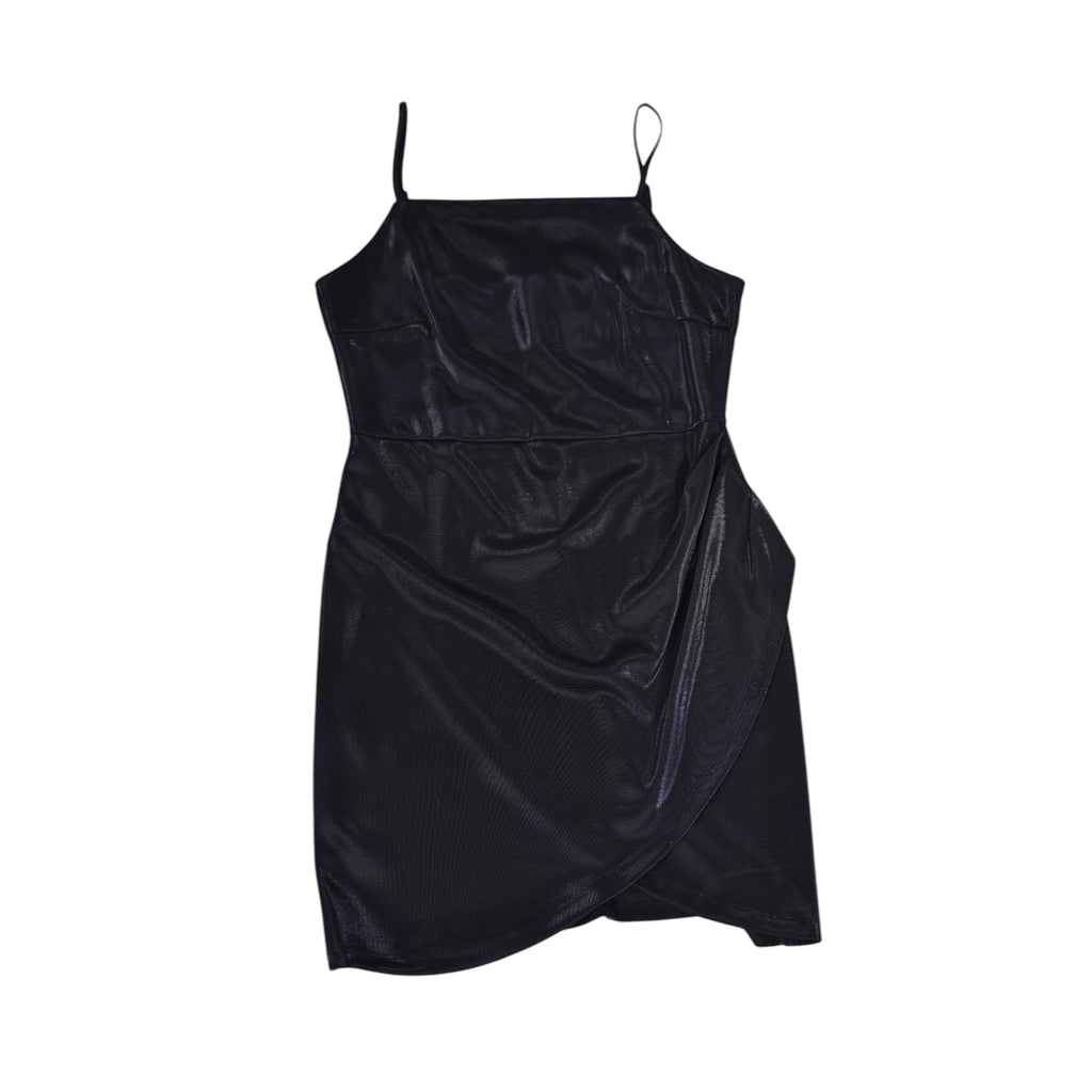 Chic black shimmering wrap-style mini dress with thin straps