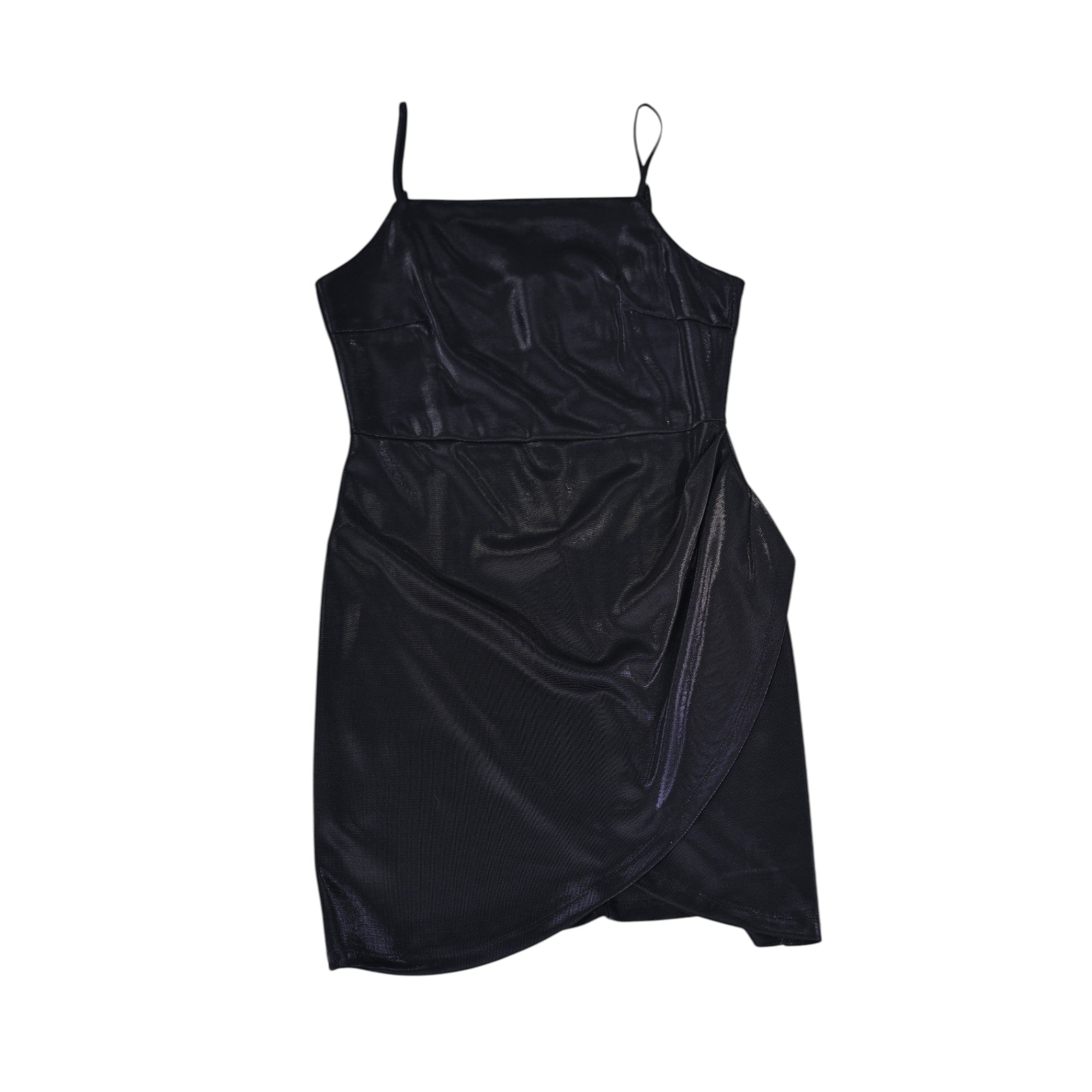 Chic black shimmering wrap-style mini dress with thin straps