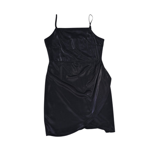 Chic black shimmering wrap-style mini dress with thin straps