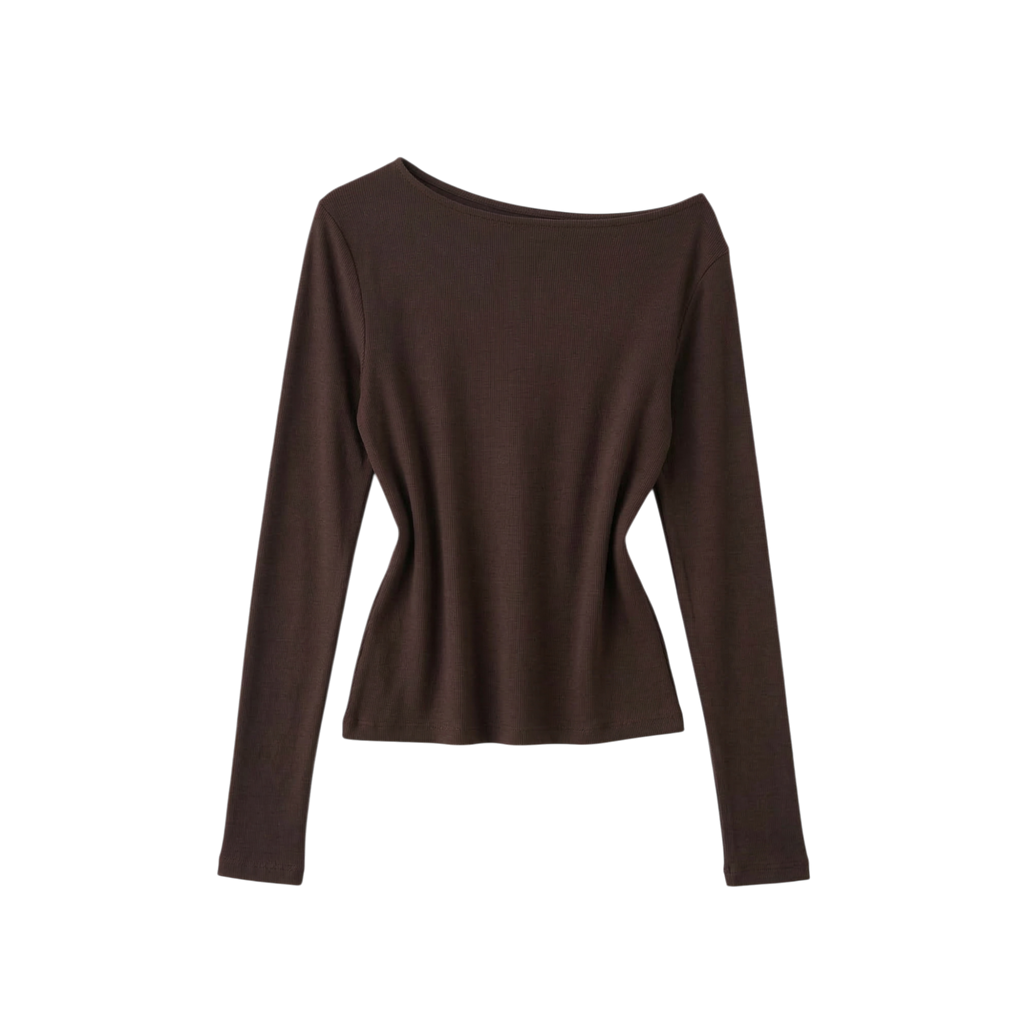Long-sleeve off-shoulder top.