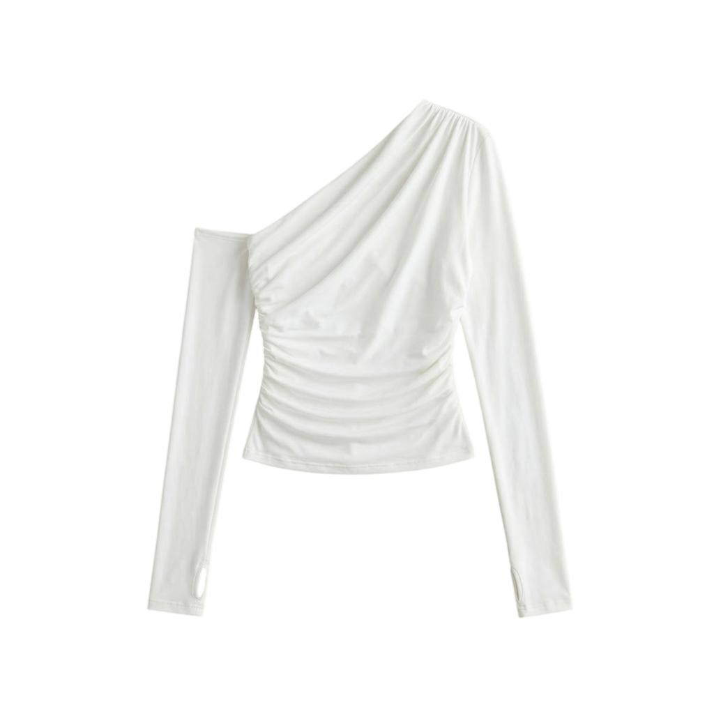 One-shoulder long-sleeve top with ruching at the waist and chest