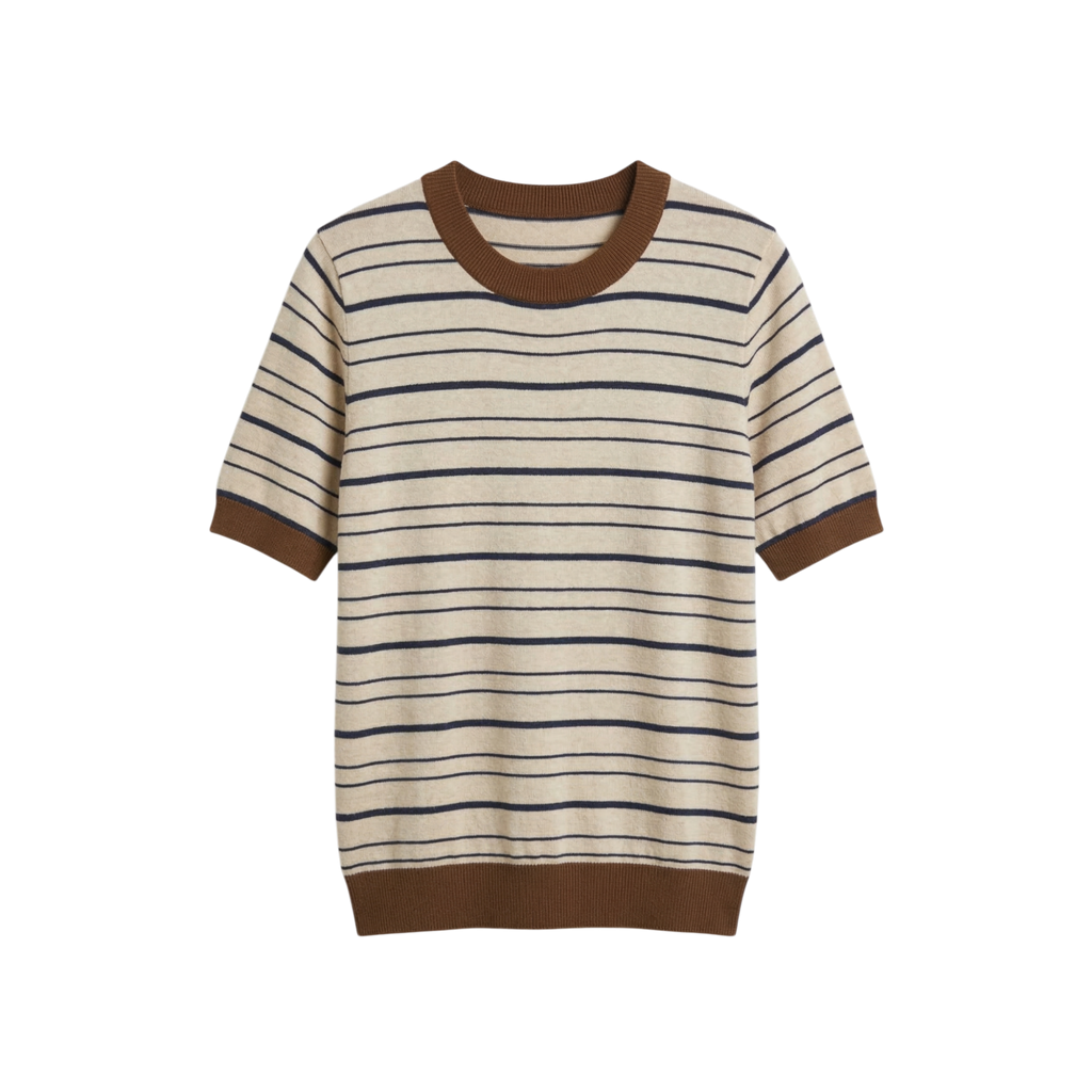 Striped short-sleeve top with round neck